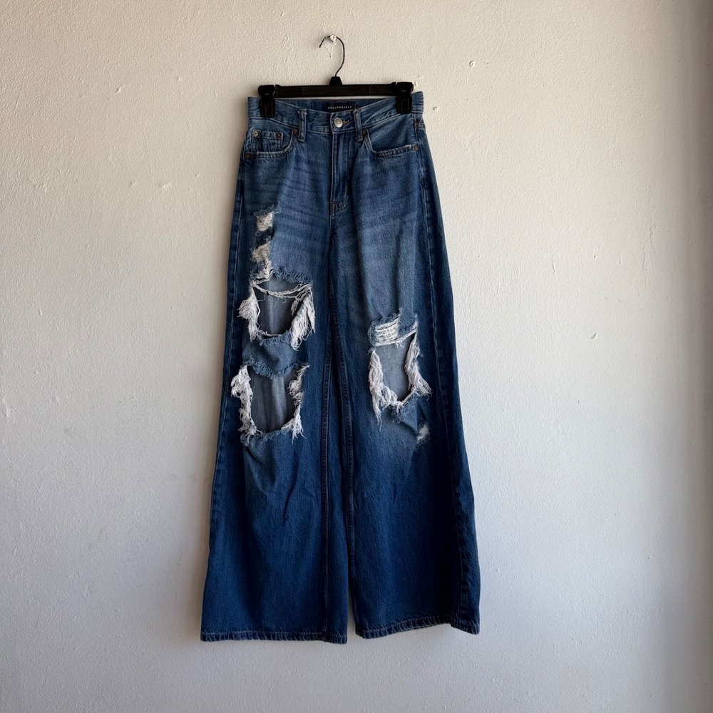 Aeropostale Wide Leg Distressed Jeans Women Size 0R Blue Denim High Rise Ripped